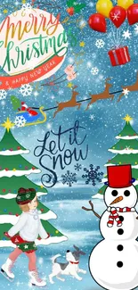 Festive Christmas wallpaper with snowman and Santa sleigh.