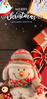 Cheerful Christmas snowman with gifts and festive decorations.