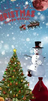 Christmas wallpaper with snowman, tree, and Santa in snowy sky.