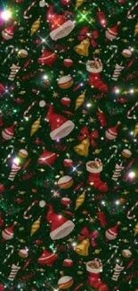 Festive Christmas wallpaper with ornaments and green background.