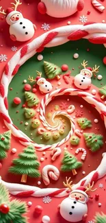 Spiral Christmas wallpaper with snowmen and candy canes.