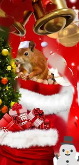 Festive wallpaper featuring a squirrel in a Santa hat and holiday decorations.