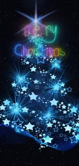 Vibrant starry Christmas tree with neon Merry Christmas text.