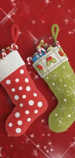 Festive Christmas stockings filled with gifts on a red holiday background.