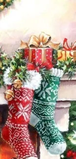 Christmas stockings and gifts by the fireside for a festive holiday feel.