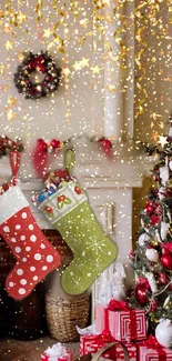 Colorful Christmas stockings hanging by the fireplace.