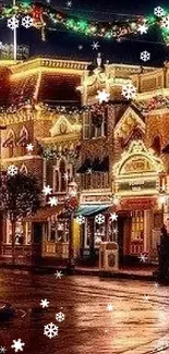 Christmas street scene with festive lights and decorations.