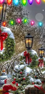 Festive Christmas street with Santa, reindeer, and colorful lights.