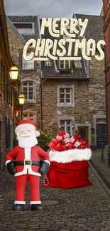 Santa with gifts in a festive cobblestone street decorated for Christmas.