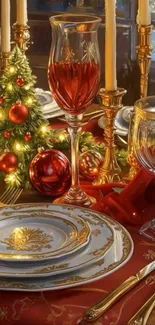 Festive Christmas table setting with red and gold decorations.