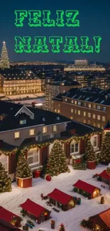 Snow-covered town with Christmas trees and lights at night.