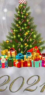 Christmas tree with gifts and 2021 text wallpaper.