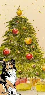 Whimsical Christmas tree and dog illustration with colorful festive theme.