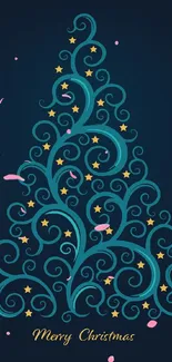 Christmas tree design with teal swirls and golden stars on dark background.