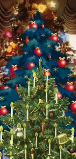 Christmas tree with candles and ornaments, festive holiday wallpaper.