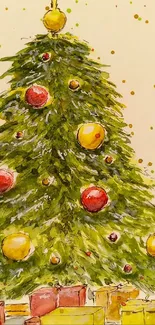 Illustration of a Christmas tree with ornaments and gifts.