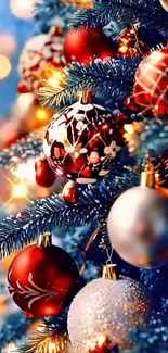 Vibrant Christmas tree with ornaments and lights.