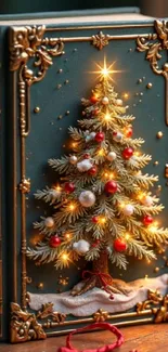 A festive Christmas tree decorates the cover of a classic, ornate book.