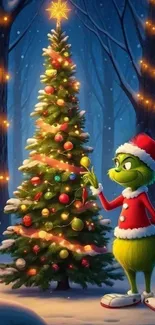 Festive character with Christmas tree in snowy forest.