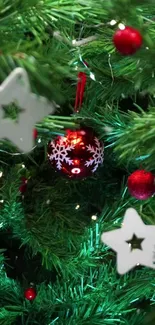 Vibrant Christmas tree with ornaments and festive lights shining.