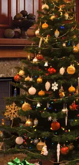 Beautifully decorated Christmas tree by the fireplace.