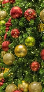 Festive Christmas tree with colorful baubles and sparkling lights.