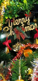 Close-up of a decorated Christmas tree with ornaments and bells.