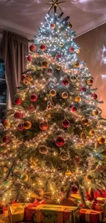 Christmas tree with ornaments and lights.