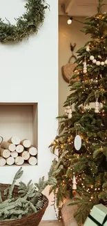 Festive Christmas tree with ornaments and lights in a cozy setting.