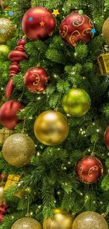 Festive Christmas tree with colorful ornaments and lush green branches.