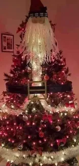 Vibrant Christmas tree with Santa topper and ornaments.