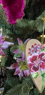 Christmas tree decorated with flowers and ornaments.