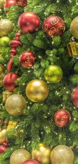 Christmas tree with red and gold ornaments.