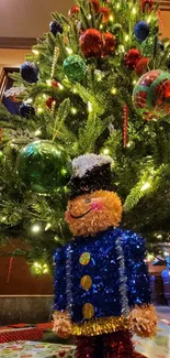 Festive Christmas tree with decorations and a nutcracker figure under colorful lights.