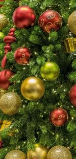 Colorful Christmas tree with ornaments.