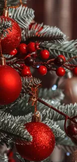 Christmas tree with red ornaments and pine branches.