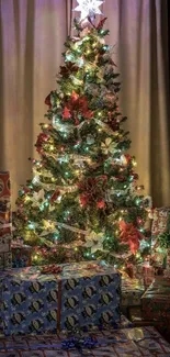 Festive Christmas tree surrounded by colorful wrapped gifts.