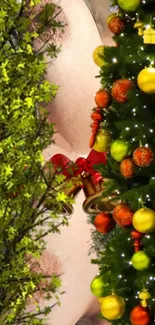 Festive Christmas tree with colorful ornaments and lush green backdrop.