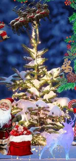 Festive Christmas tree with Santa and reindeer, snowy background.