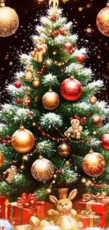 Decorated Christmas tree with gifts and ornaments.