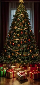 Ornately decorated Christmas tree with gifts