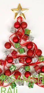 Red and green Christmas tree with gifts and a star on a white background.