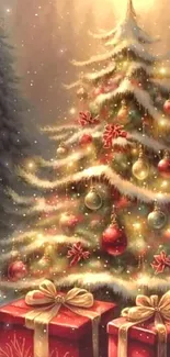 Enchanting Christmas tree with gifts and glowing lights wallpaper.