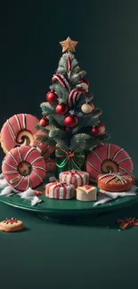 Decorative Christmas tree with donuts and gifts on a green background.