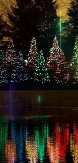 Vibrant Christmas trees reflecting on water at night.