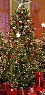 Brightly decorated Christmas tree with lights and red gifts