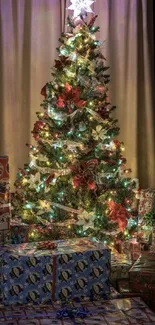 Christmas tree with lights and gifts underneath.