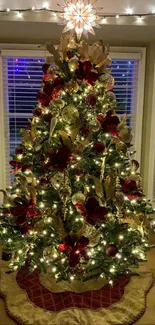 Decorated Christmas tree in festive colors.