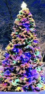 Bright Christmas tree with lights in snowy landscape.