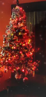 Christmas tree with glowing red lights for festive decor.